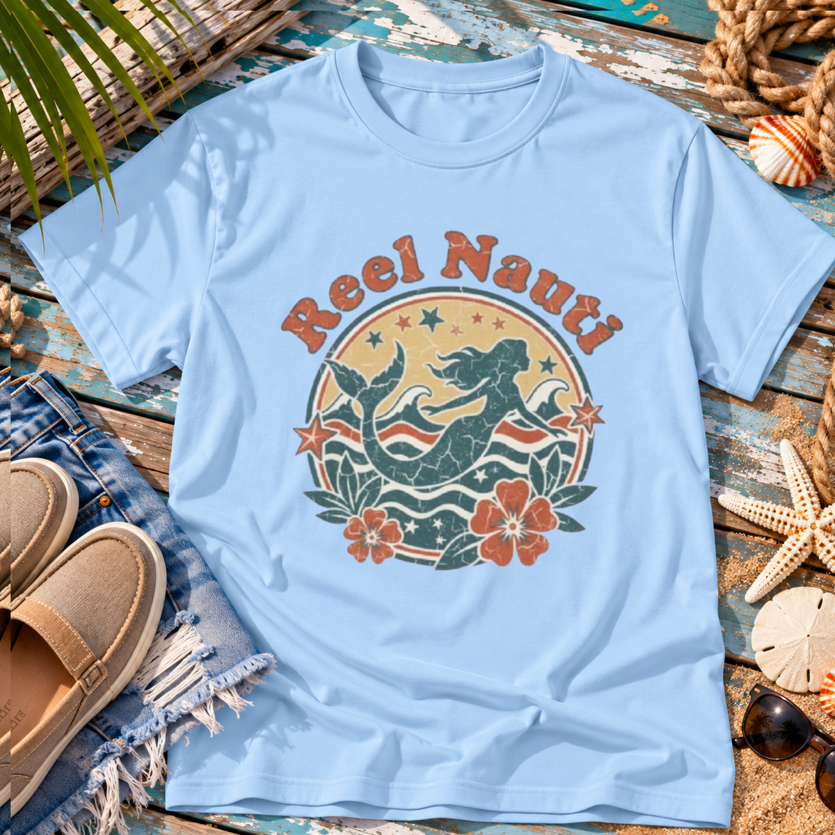 Reel Nauti Mermaid Retro Coastal Beach T-Shirt