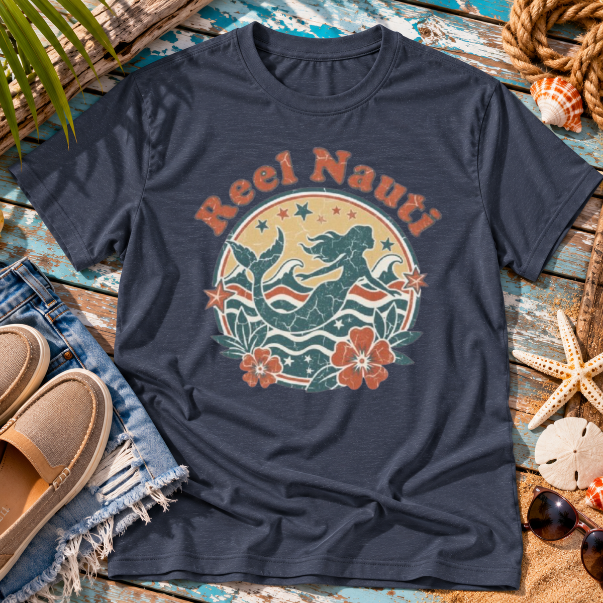 Reel Nauti Mermaid Retro Coastal Beach T-Shirt