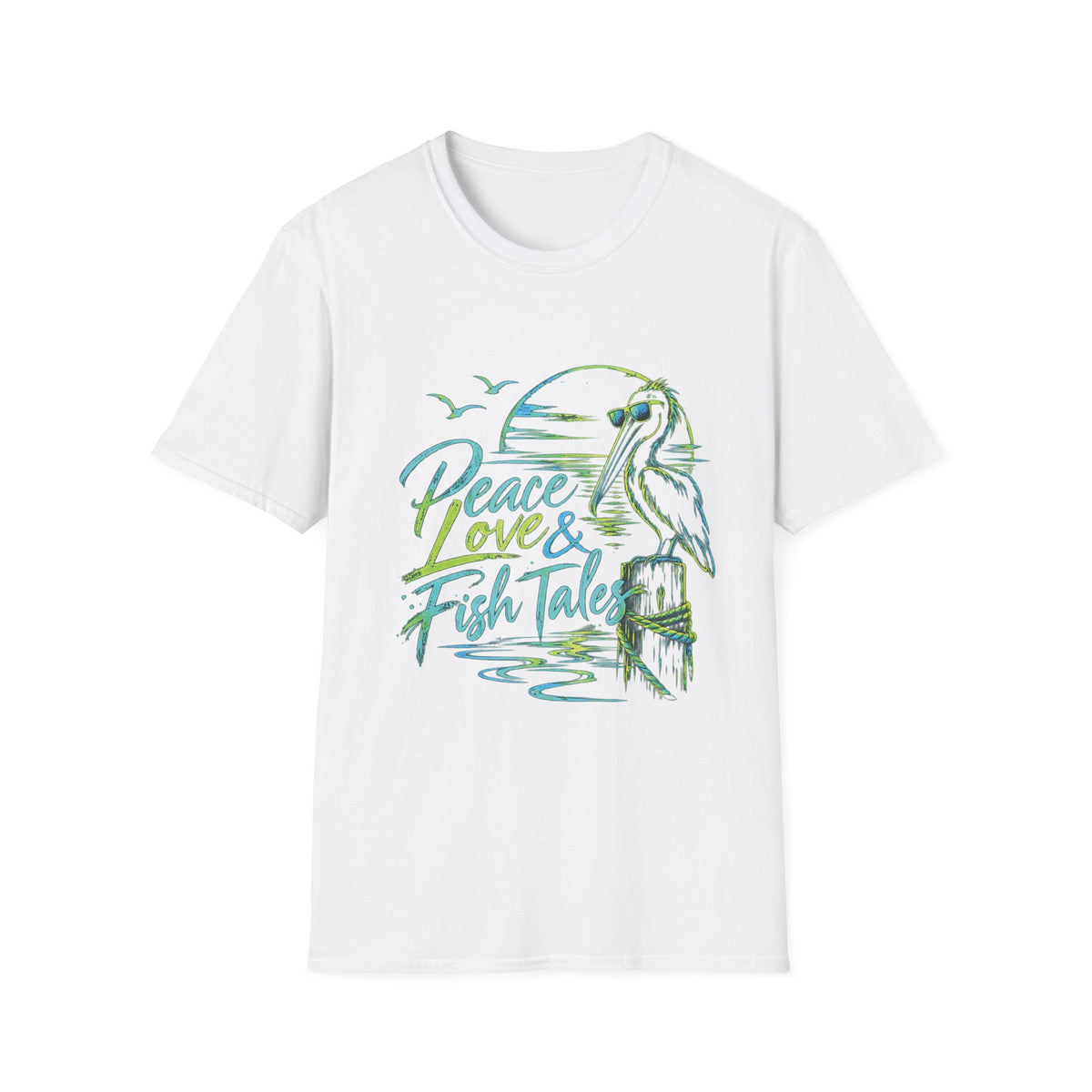 Reel Nauti Peace Love & Fish Tales Egret Retro Coastal Beach T-Shirt