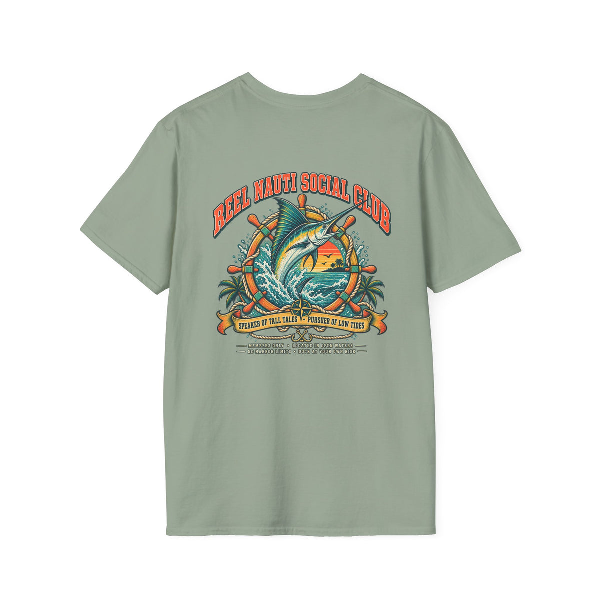 Reel Nauti Marlin Social Club Marine Rules Back Tee