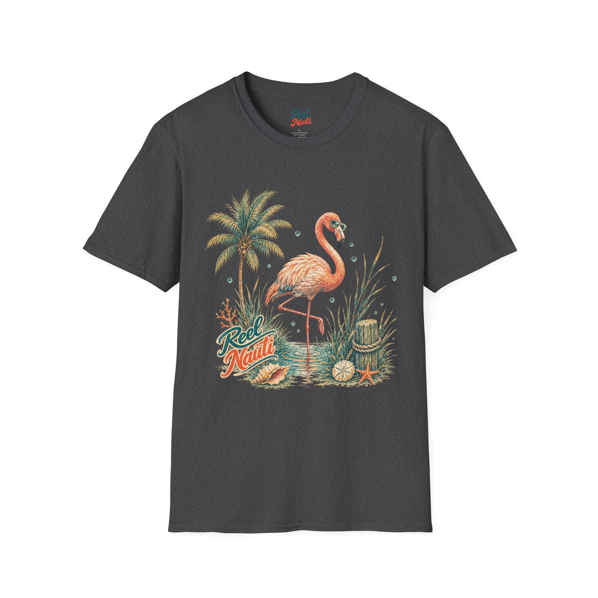 Flamingo Palm Tree Reel Nauti Coastal Unisex Softstyle T-Shirt