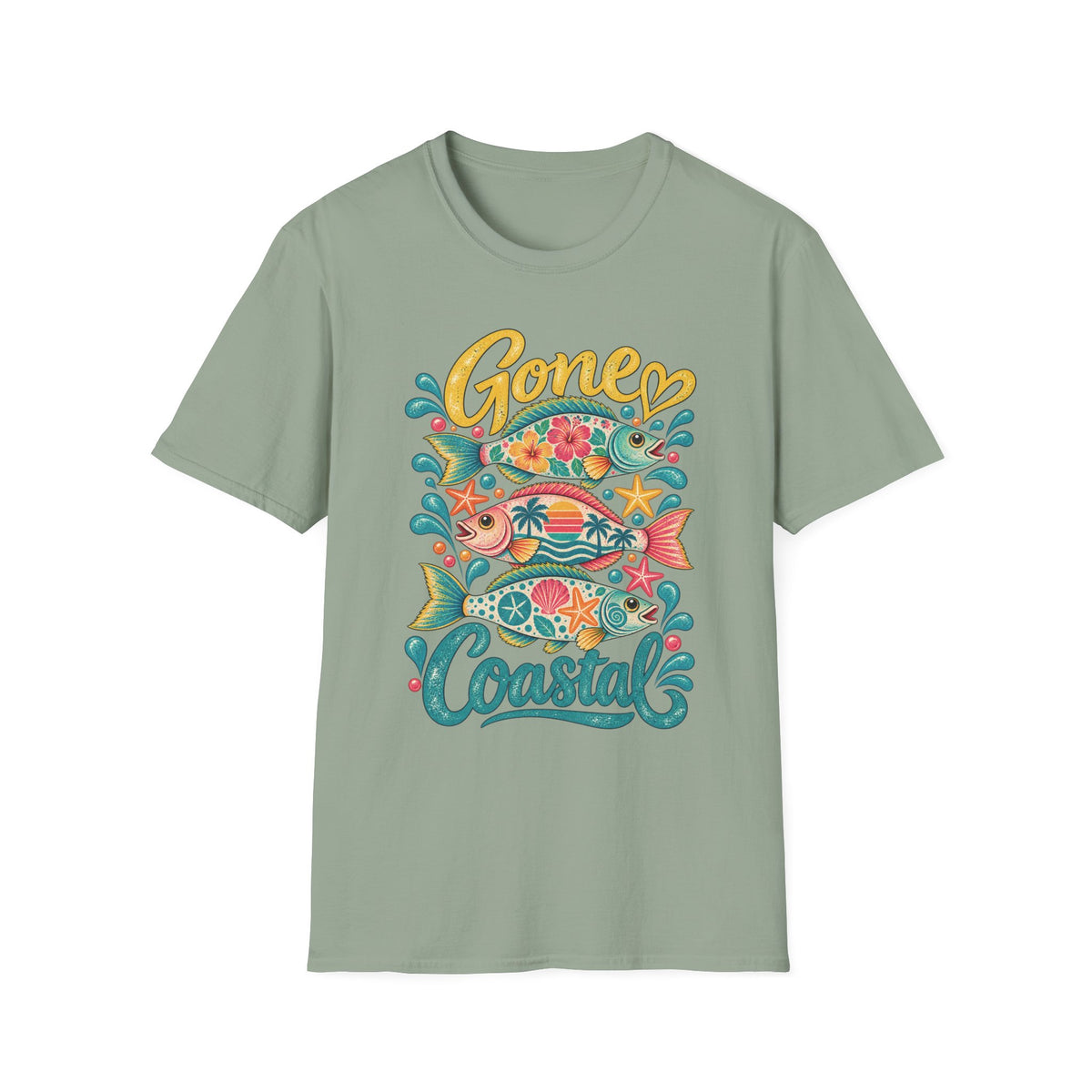 Gone Coastal Fish Flowers Retro Coastal Beach T-Shirt