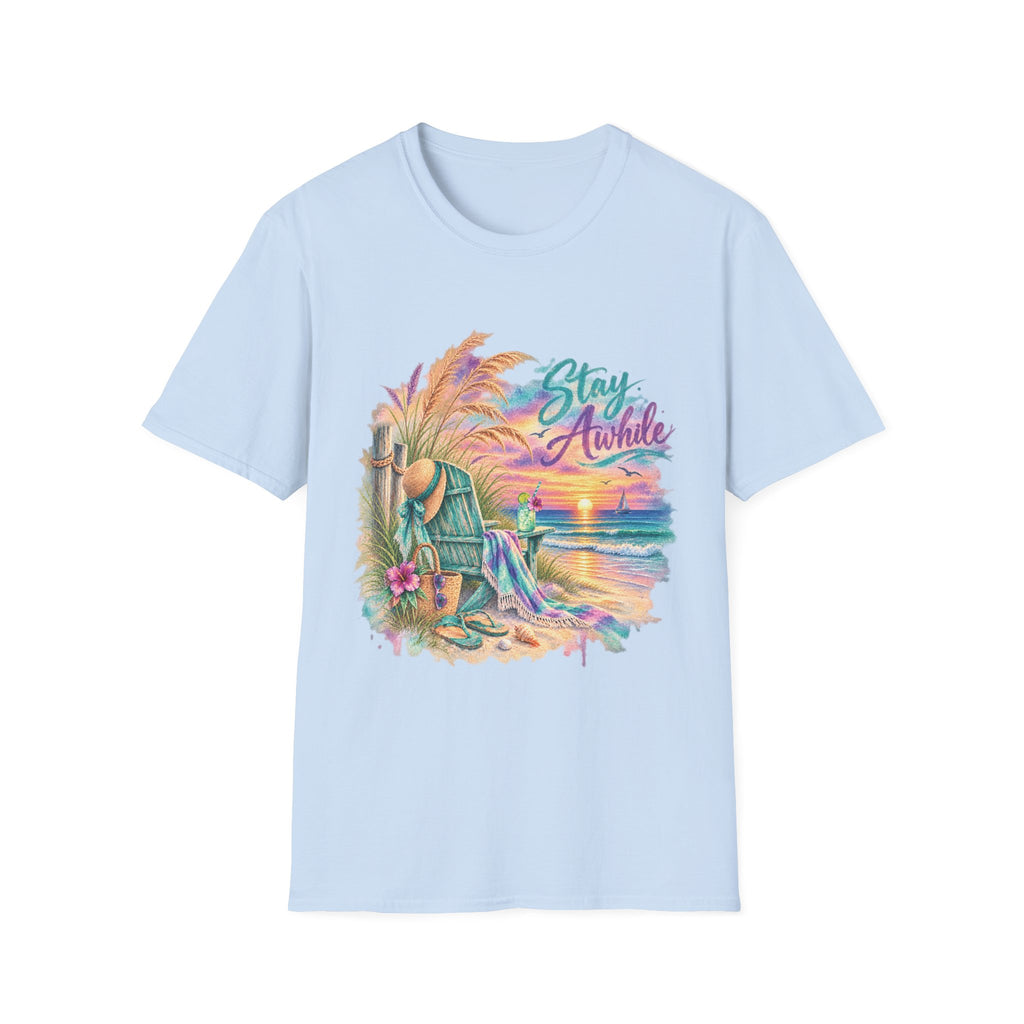 Stay Awhile Beach T-Shirt — Relaxed Tropical Sunset Graphic Tee