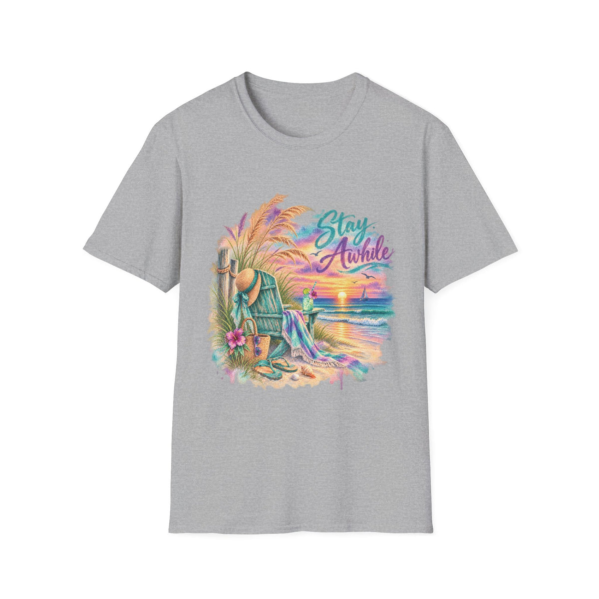 Stay Awhile Beach T-Shirt — Relaxed Tropical Sunset Graphic Tee