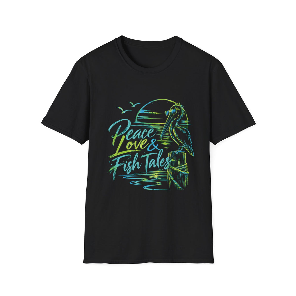 Reel Nauti Peace Love & Fish Tales Egret Retro Coastal Beach T-Shirt