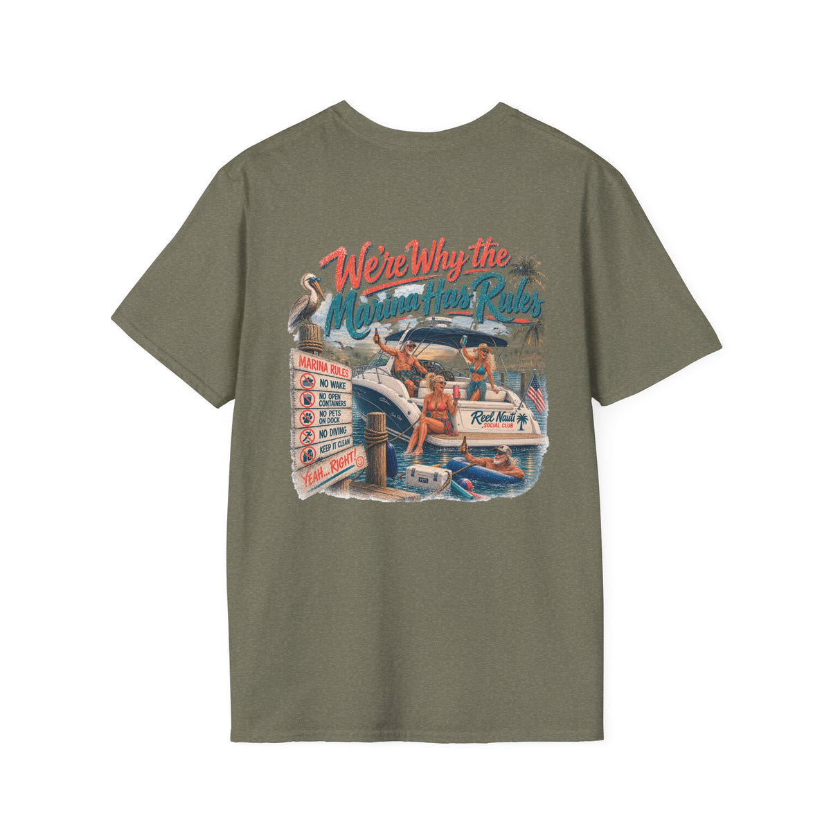 Reel Nauti Social Club Marine Rules Back Design Tee