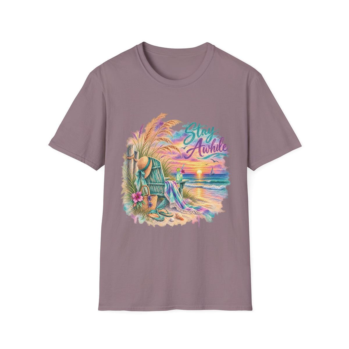 Stay Awhile Beach T-Shirt — Relaxed Tropical Sunset Graphic Tee