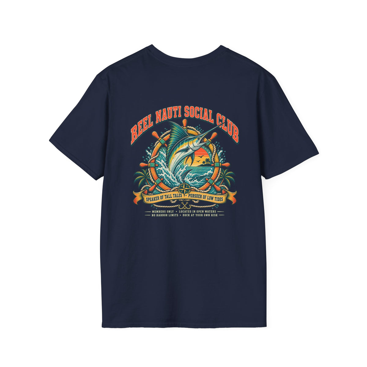 Reel Nauti Marlin Social Club Marine Rules Back Tee