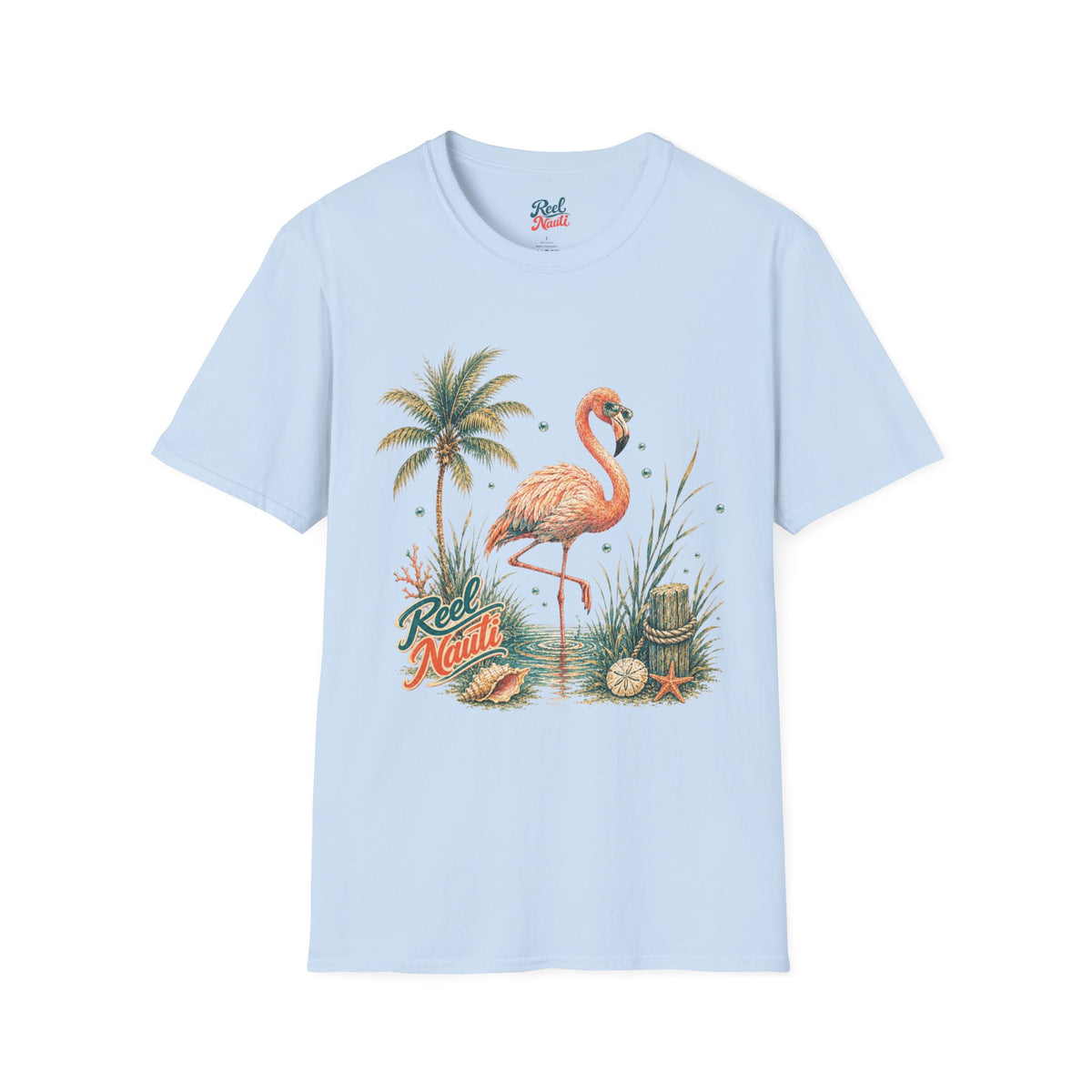 Flamingo Palm Tree Reel Nauti Coastal Unisex Softstyle T-Shirt