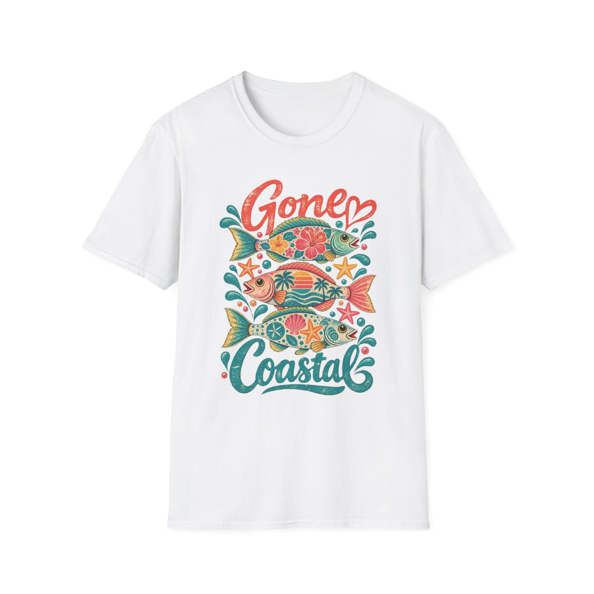 Gone Coastal Fish Flowers Retro Coastal Beach T-Shirt