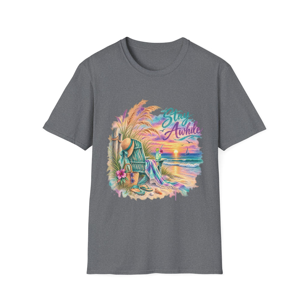 Stay Awhile Beach T-Shirt — Relaxed Tropical Sunset Graphic Tee