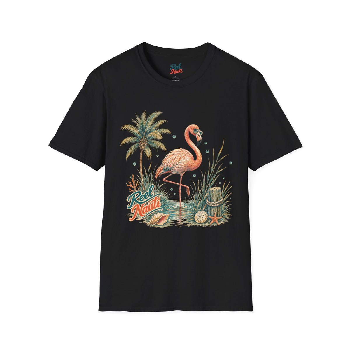 Flamingo Palm Tree Reel Nauti Coastal Unisex Softstyle T-Shirt