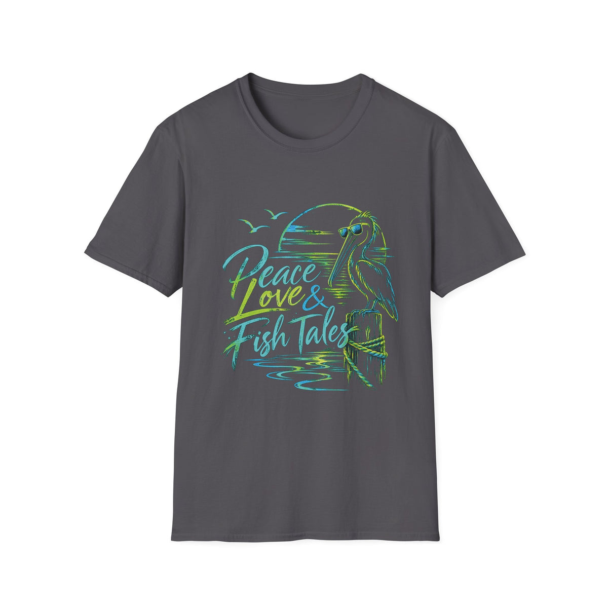 Reel Nauti Peace Love & Fish Tales Egret Retro Coastal Beach T-Shirt