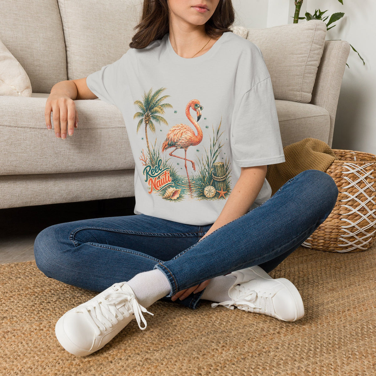 Flamingo Palm Tree Reel Nauti Coastal Unisex Softstyle T-Shirt