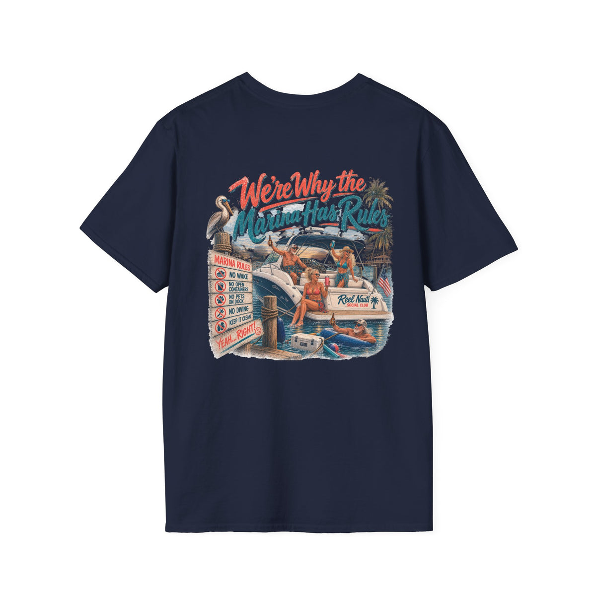 Reel Nauti Social Club Marine Rules Back Design Tee