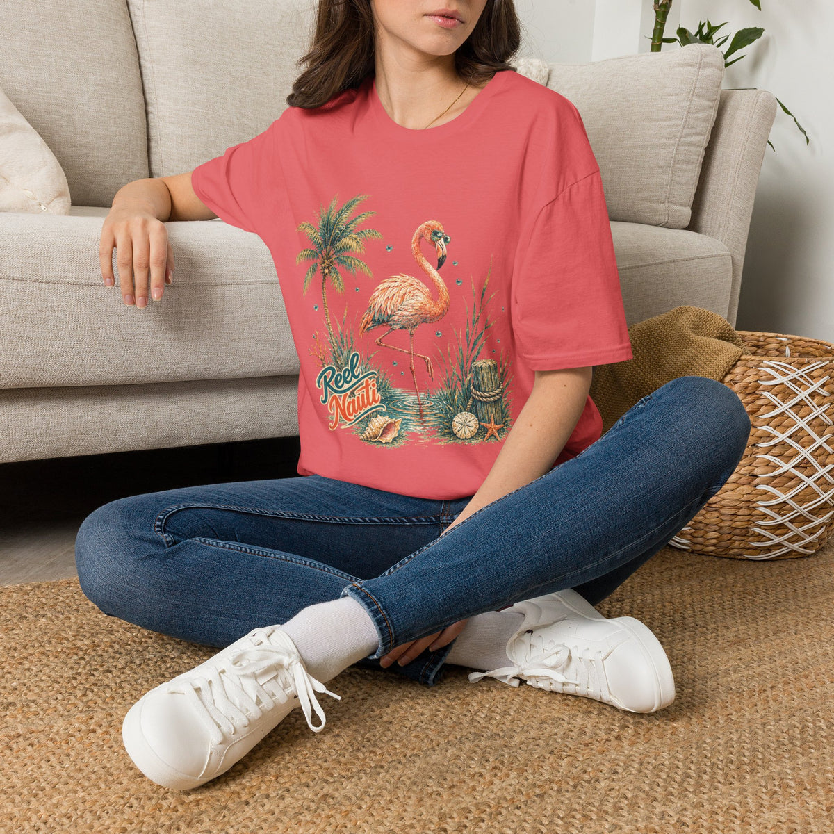 Flamingo Palm Tree Reel Nauti Coastal Unisex Softstyle T-Shirt