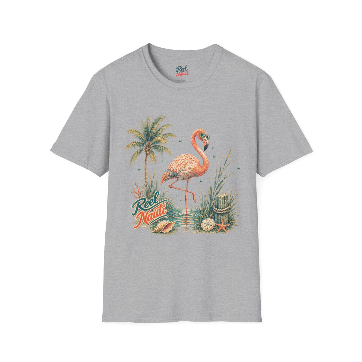 Flamingo Palm Tree Reel Nauti Coastal Unisex Softstyle T-Shirt