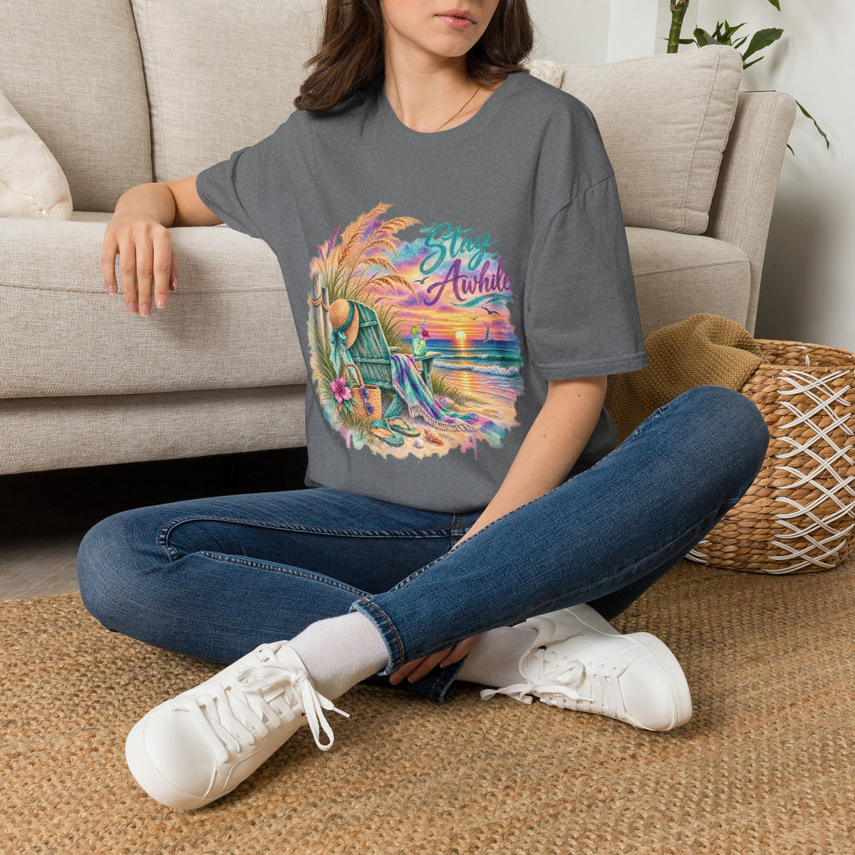 Stay Awhile Beach T-Shirt — Relaxed Tropical Sunset Graphic Tee