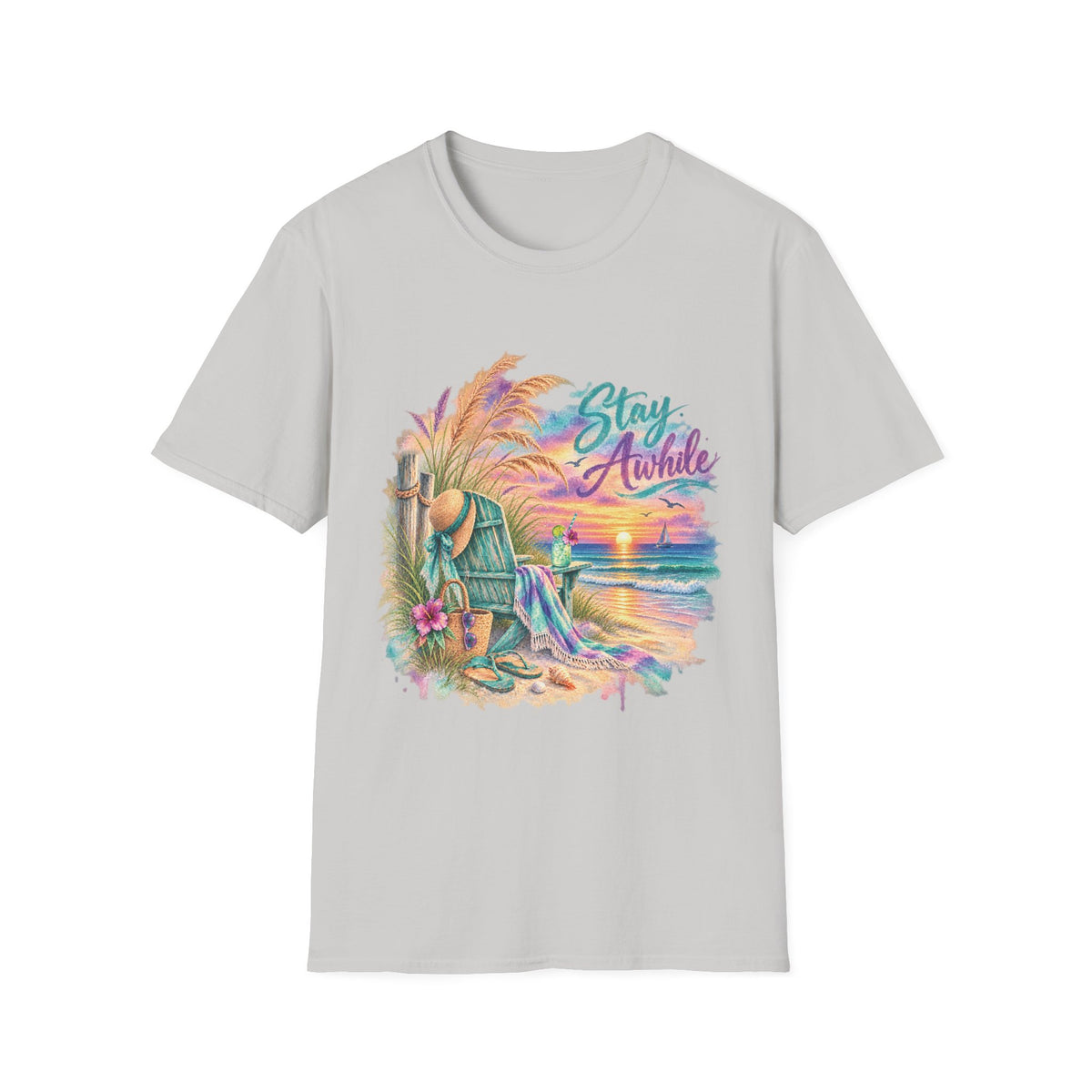 Stay Awhile Beach T-Shirt — Relaxed Tropical Sunset Graphic Tee