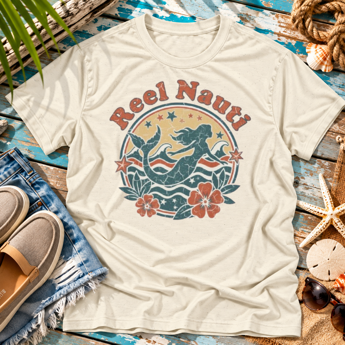 Reel Nauti Mermaid Retro Coastal Beach T-Shirt
