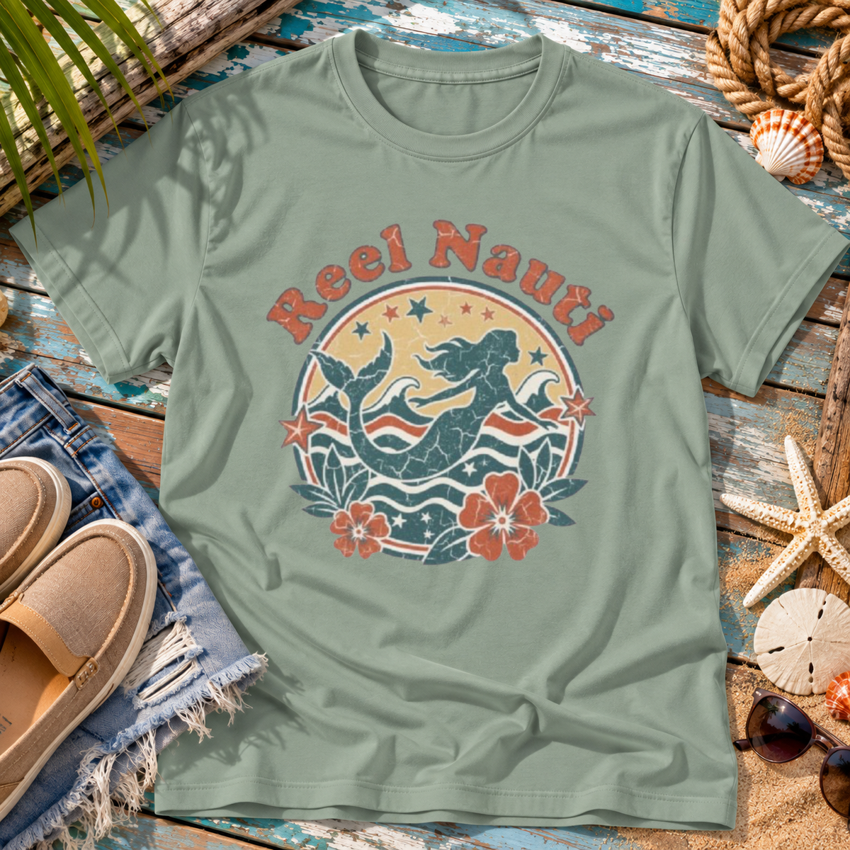 Reel Nauti Mermaid Retro Coastal Beach T-Shirt