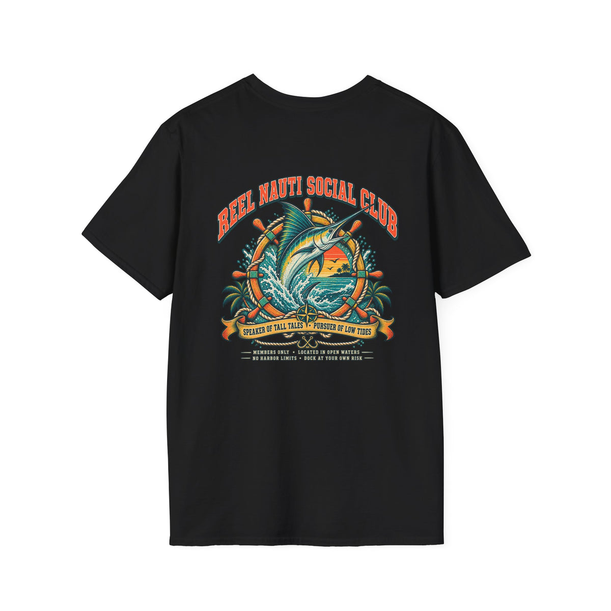 Reel Nauti Marlin Social Club Marine Rules Back Tee