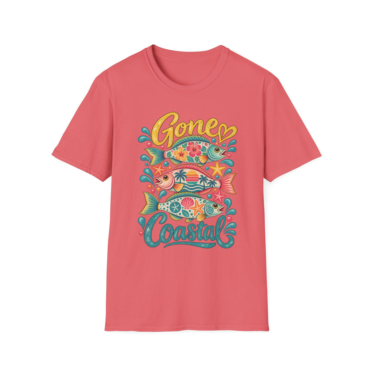 Gone Coastal Fish Flowers Retro Coastal Beach T-Shirt