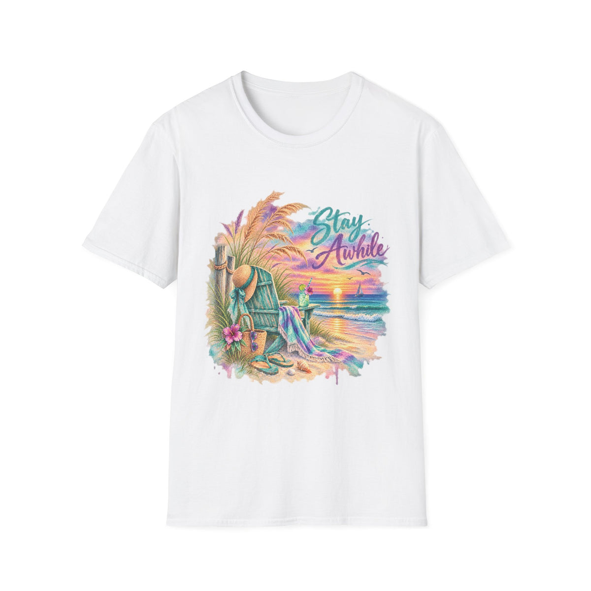 Stay Awhile Beach T-Shirt — Relaxed Tropical Sunset Graphic Tee
