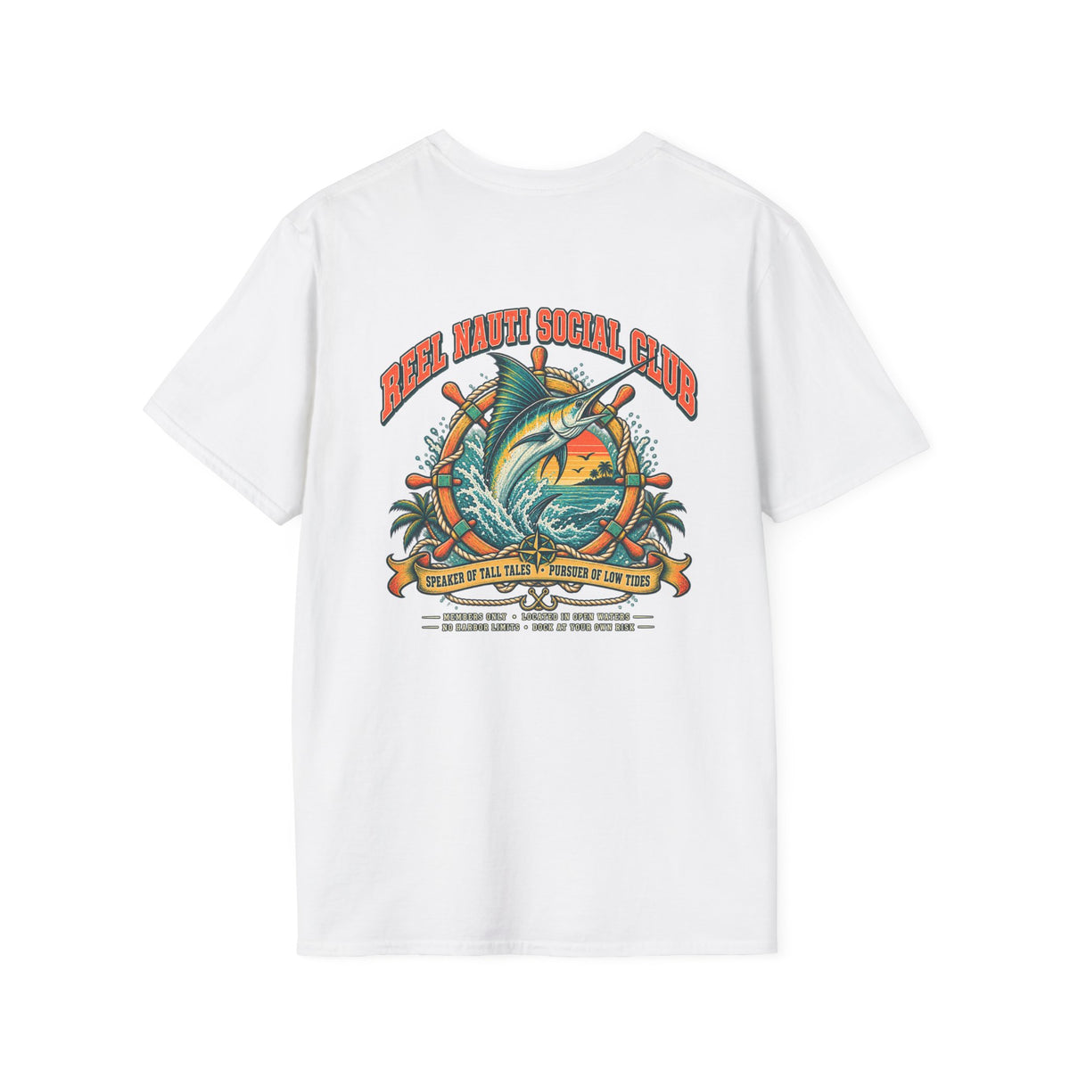 Reel Nauti Marlin Social Club Marine Rules Back Tee