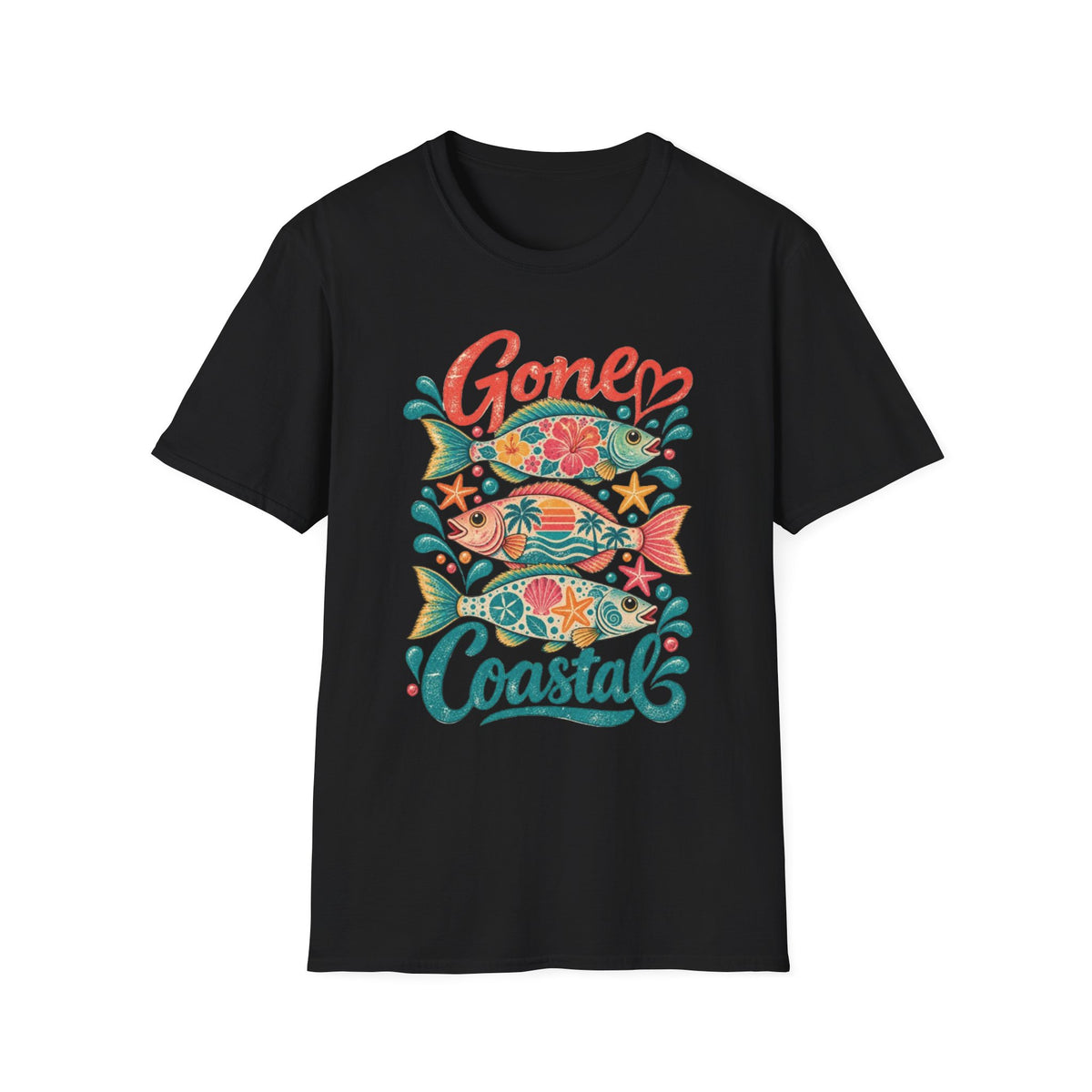 Gone Coastal Fish Flowers Retro Coastal Beach T-Shirt