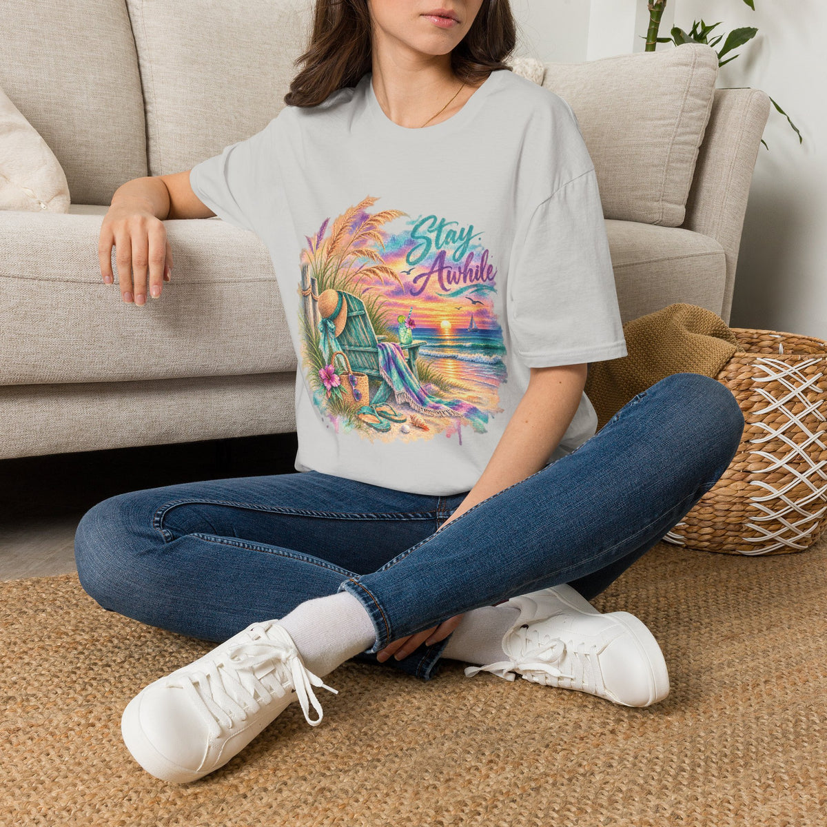 Stay Awhile Beach T-Shirt — Relaxed Tropical Sunset Graphic Tee