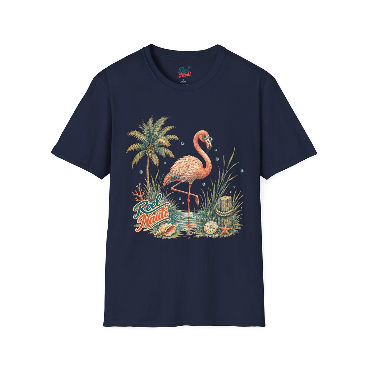 Flamingo Palm Tree Reel Nauti Coastal Unisex Softstyle T-Shirt