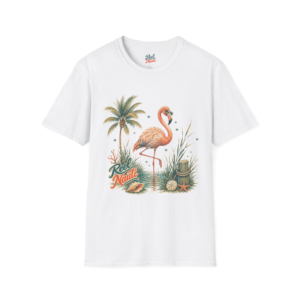 Flamingo Palm Tree Reel Nauti Coastal Unisex Softstyle T-Shirt