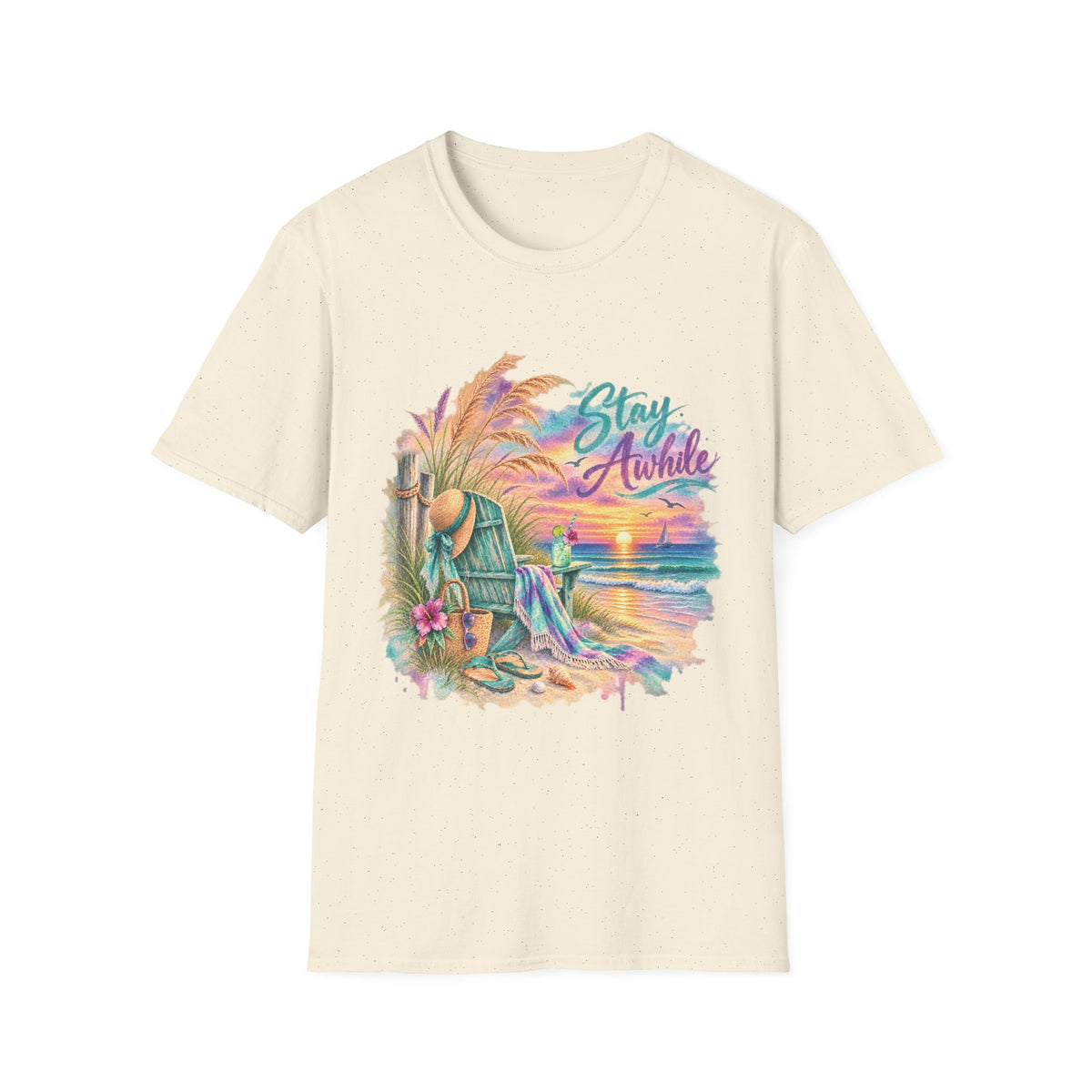 Stay Awhile Beach T-Shirt — Relaxed Tropical Sunset Graphic Tee