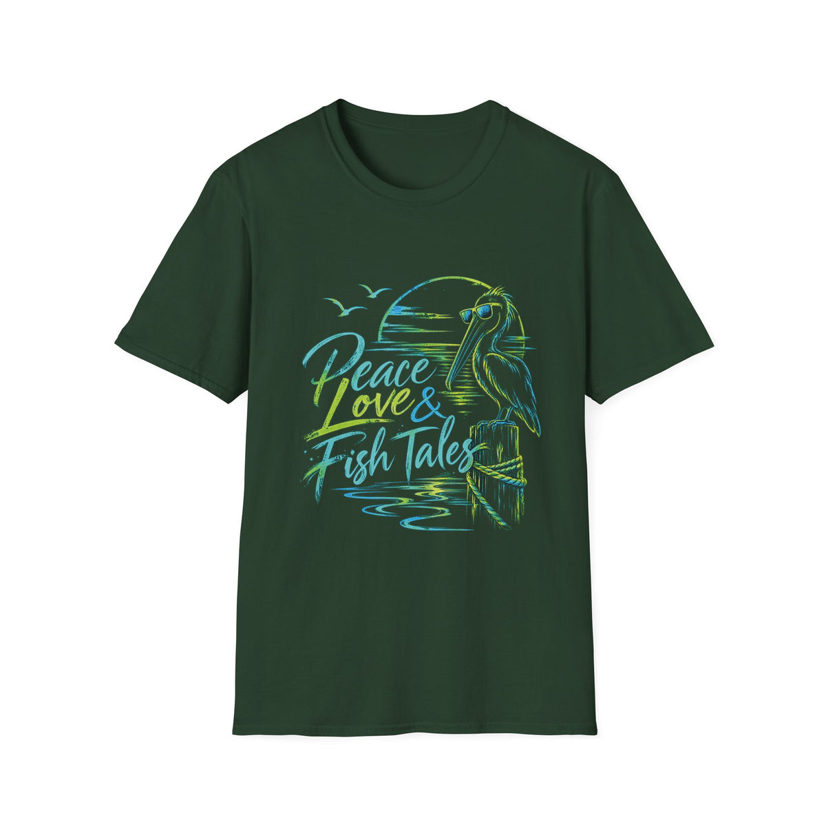Reel Nauti Peace Love & Fish Tales Egret Retro Coastal Beach T-Shirt
