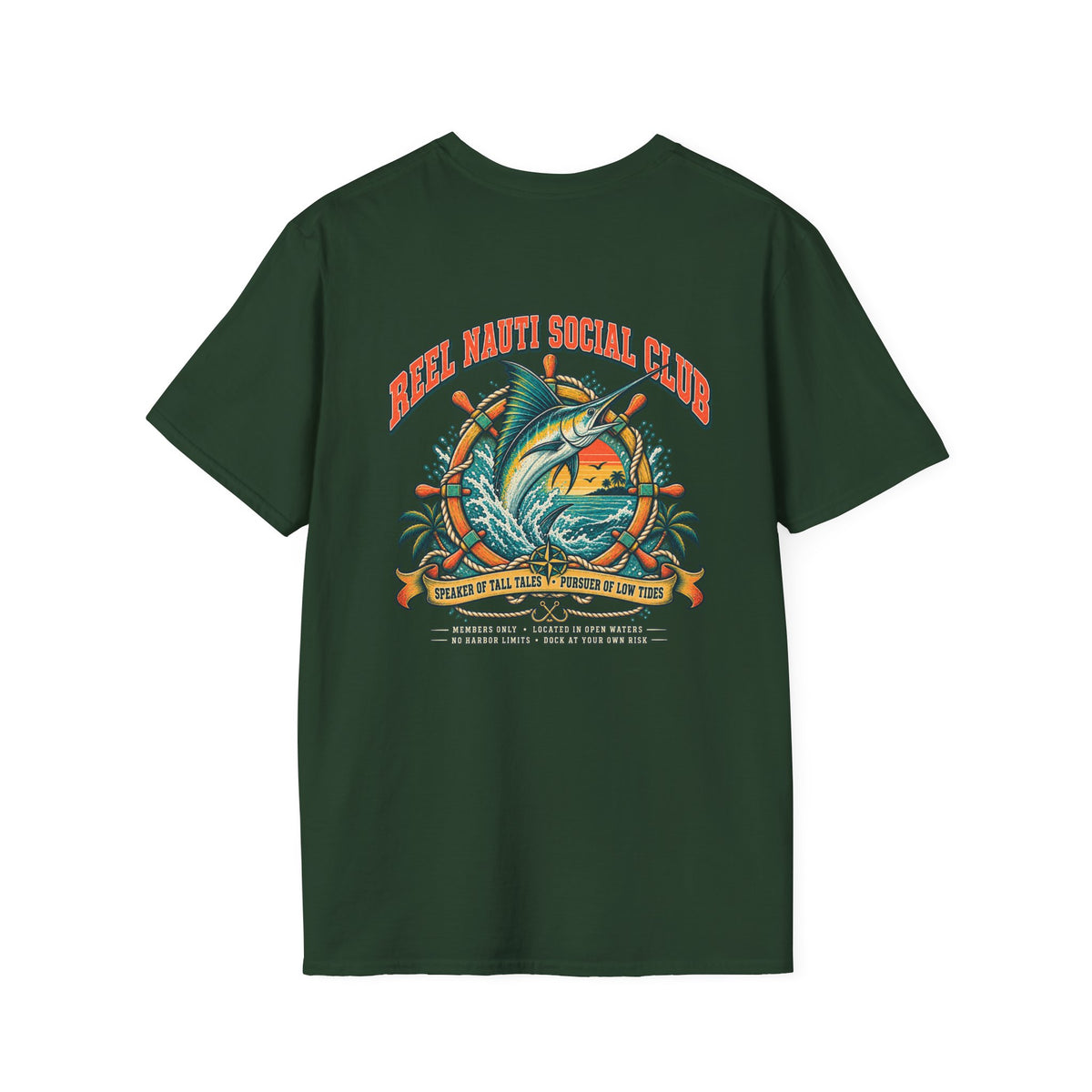 Reel Nauti Marlin Social Club Marine Rules Back Tee