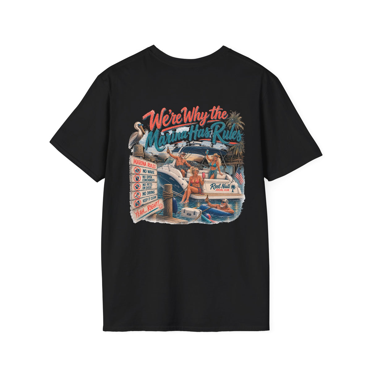 Reel Nauti Social Club Marine Rules Back Design Tee