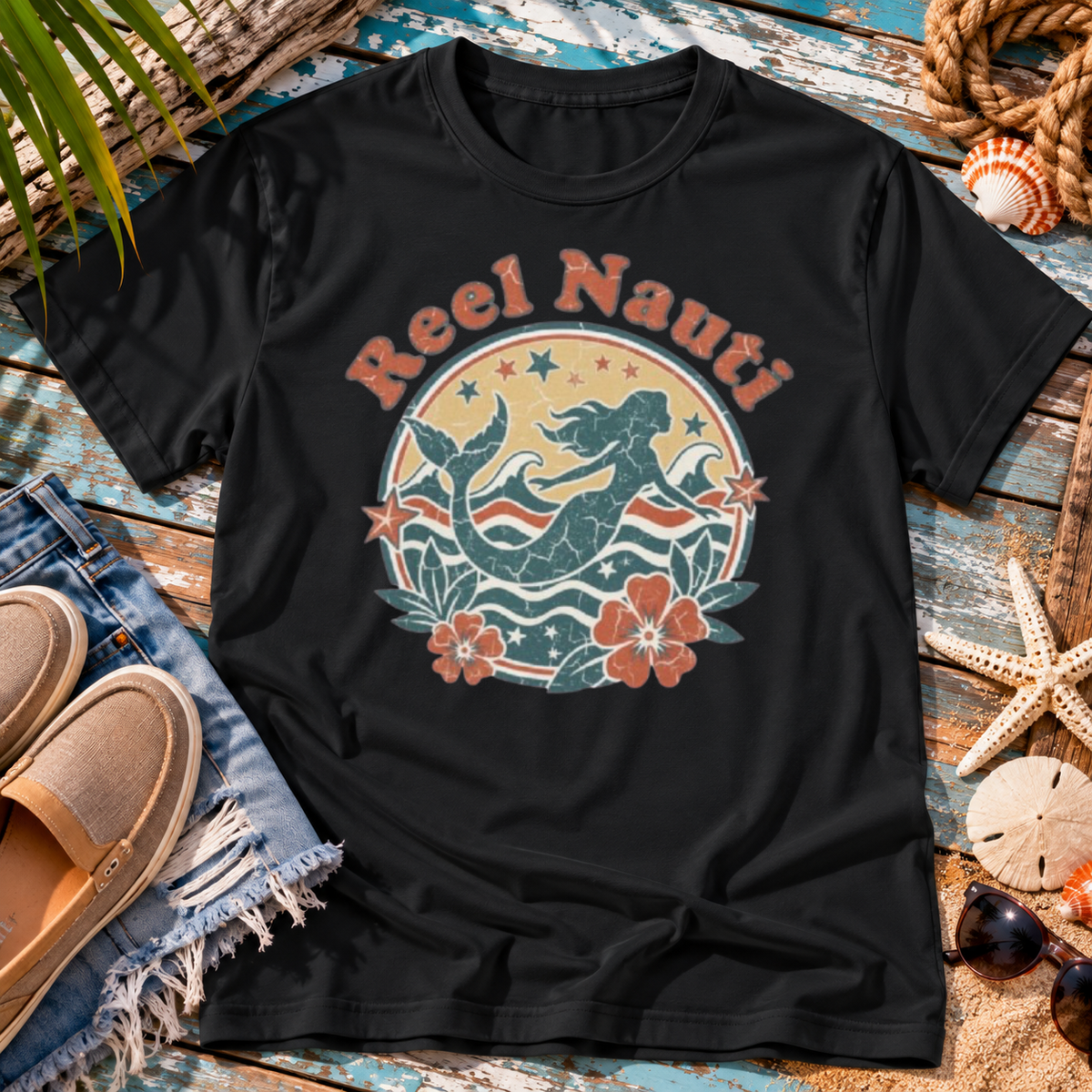 Reel Nauti Mermaid Retro Coastal Beach T-Shirt