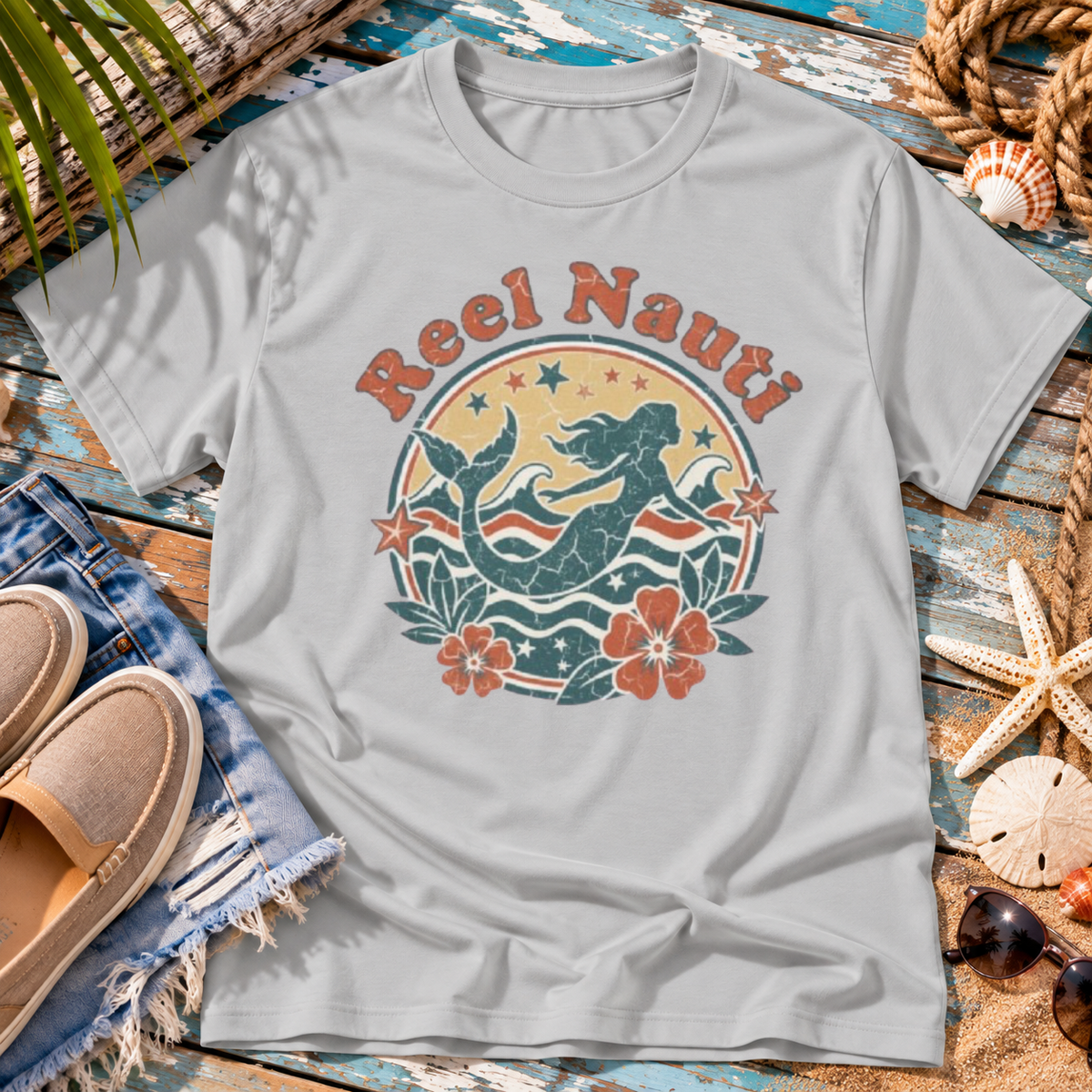 Reel Nauti Mermaid Retro Coastal Beach T-Shirt
