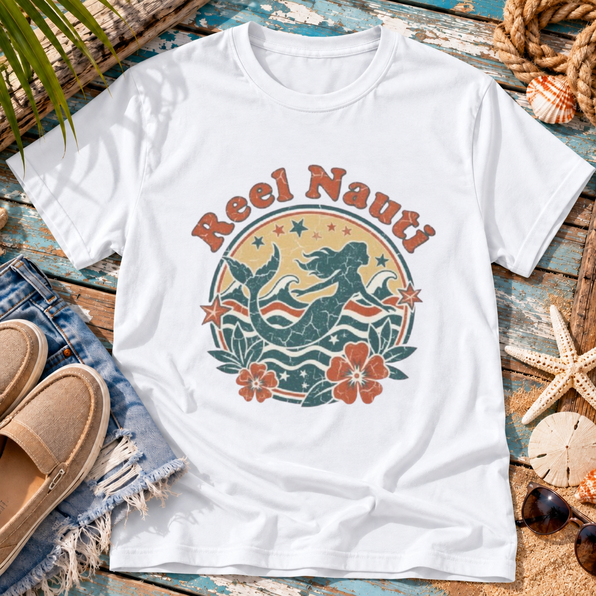 Reel Nauti Mermaid Retro Coastal Beach T-Shirt