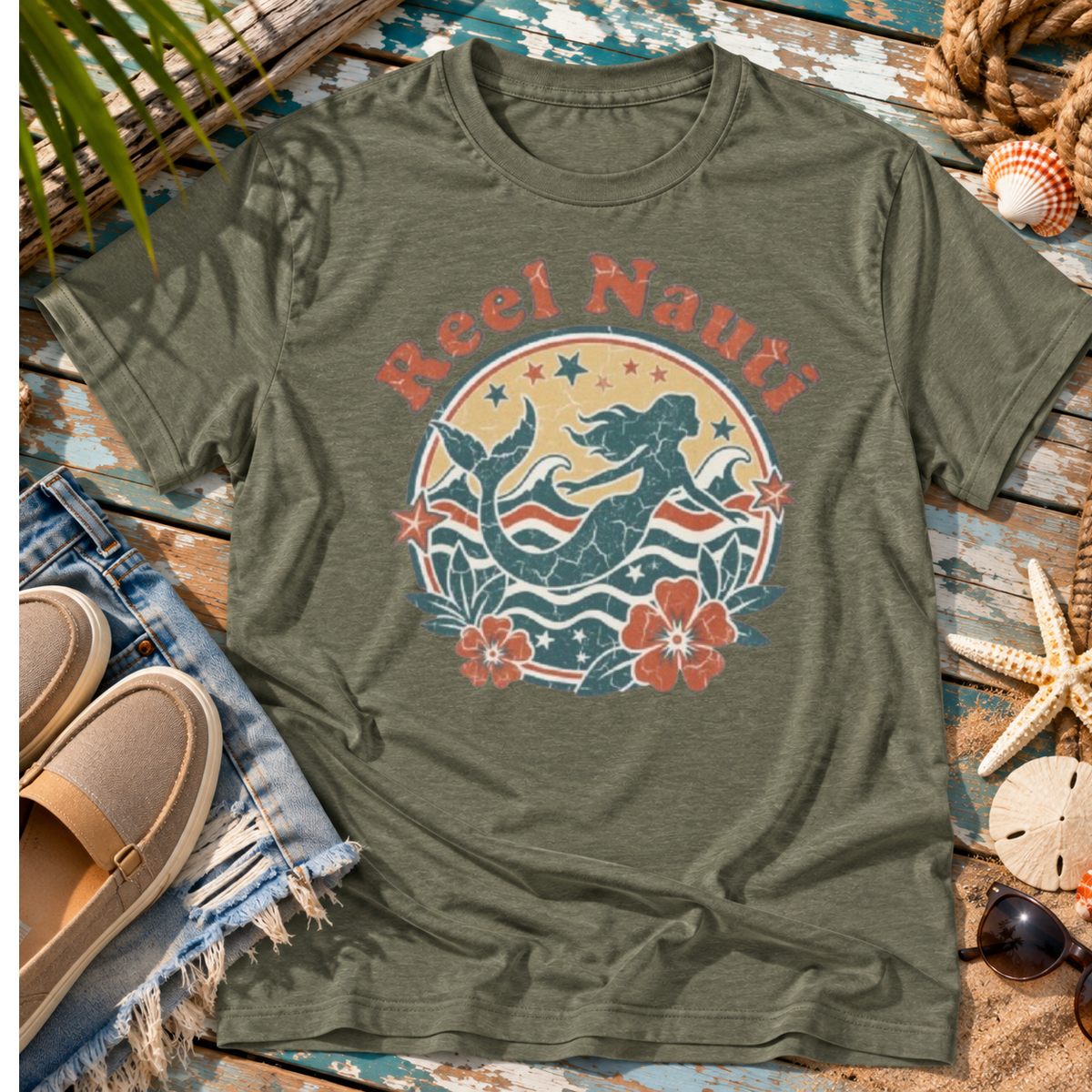 Reel Nauti Mermaid Retro Coastal Beach T-Shirt